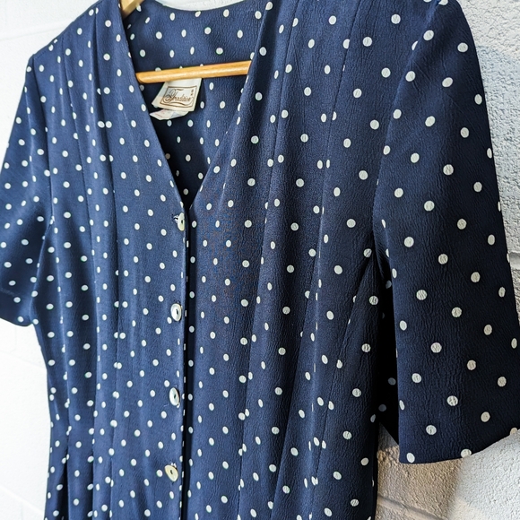 M/L Vintage Traditions Polka Dot Maxi Dress Navy White Button Up Tie Pleated - Picture 4 of 11